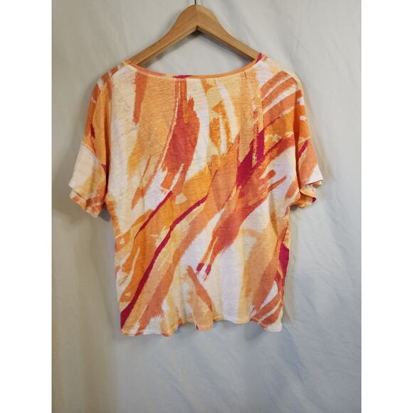 CHICOS 100% Linen Orange Pink White V-Neck Top Size Large - Picture 2 of 6